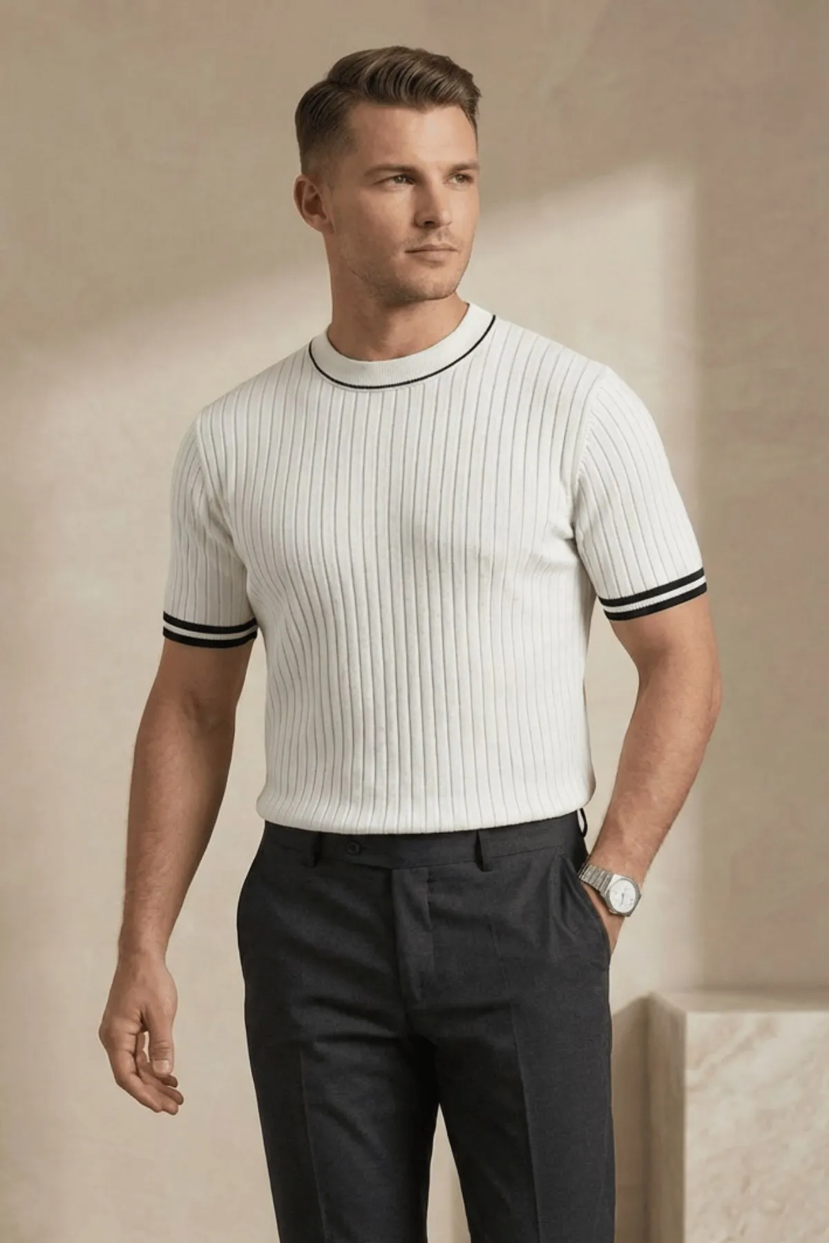 Herren Strick Gerippt Gestreift T-Shirt — White
