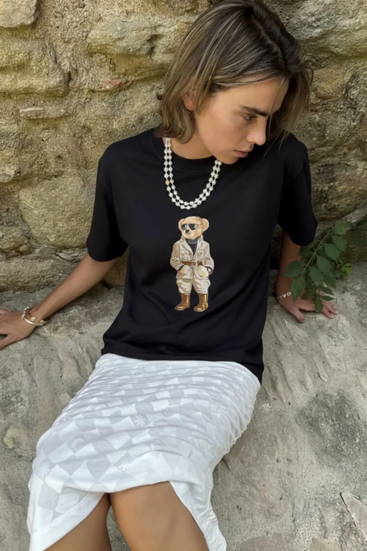 Damen Oversize Trench Bear Print T-Shirt — Black