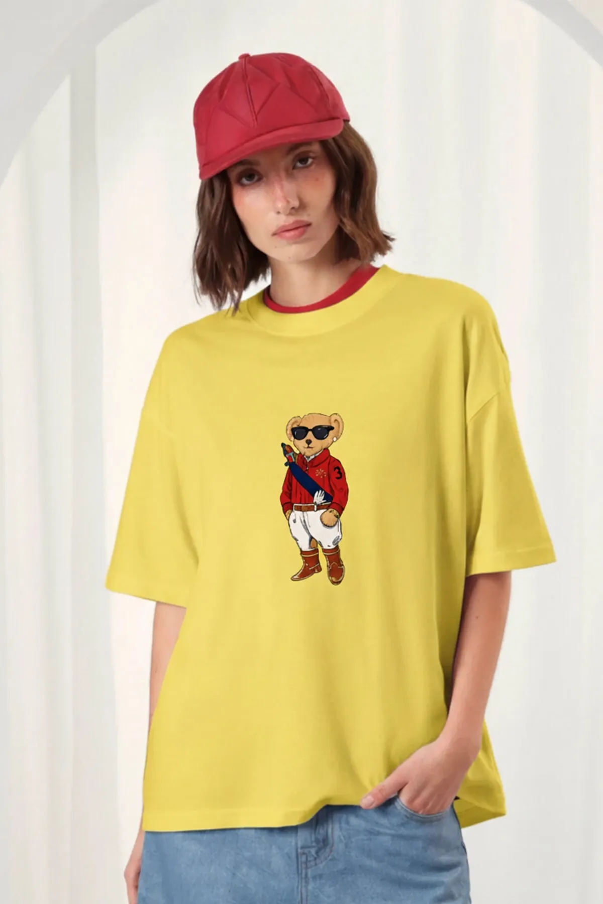 Damen Oversize Mılo Bear Print T-Shirt — Yellow