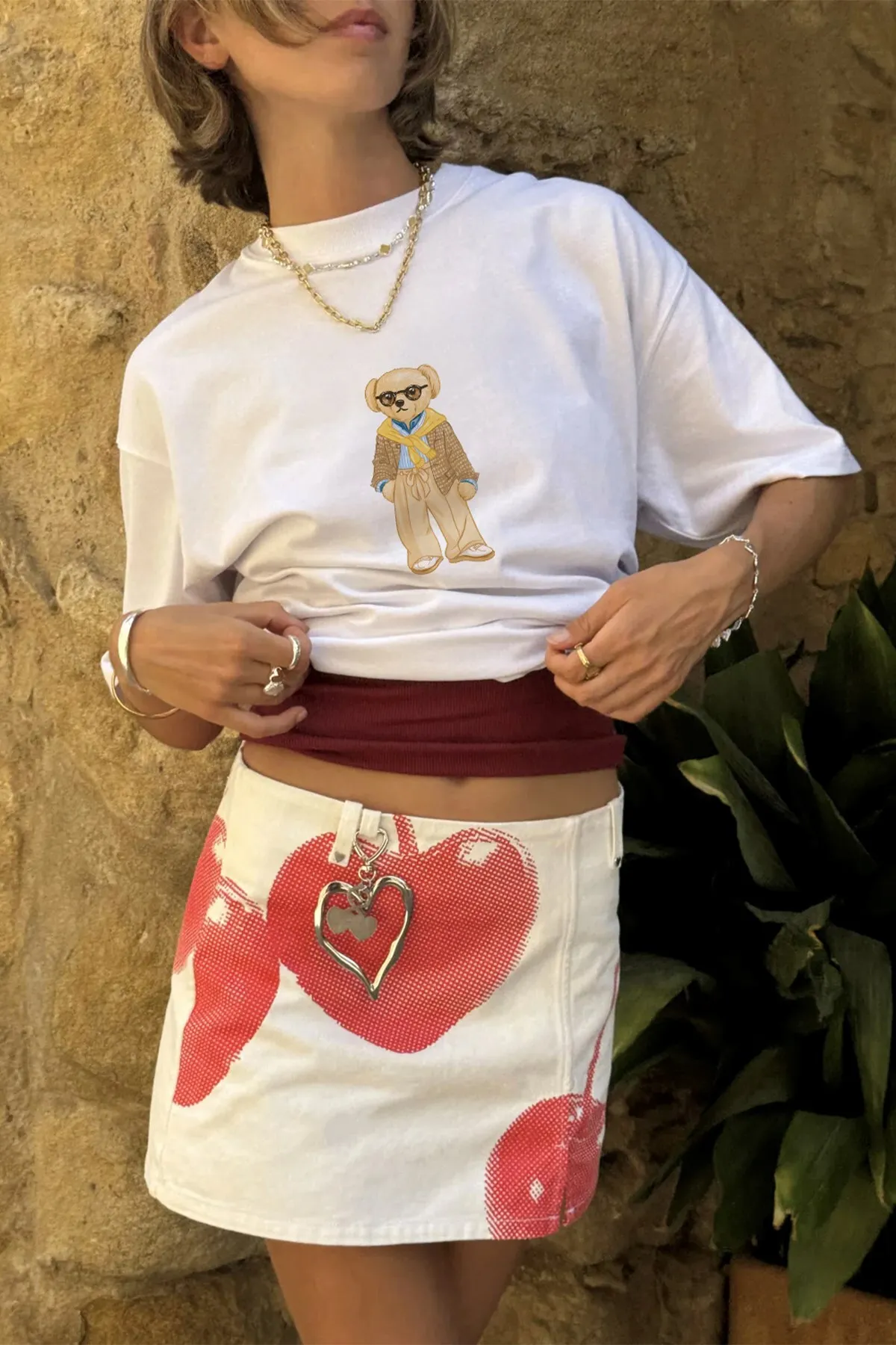 Kadın Oversize Léo Bear Baskılı Tişört — White