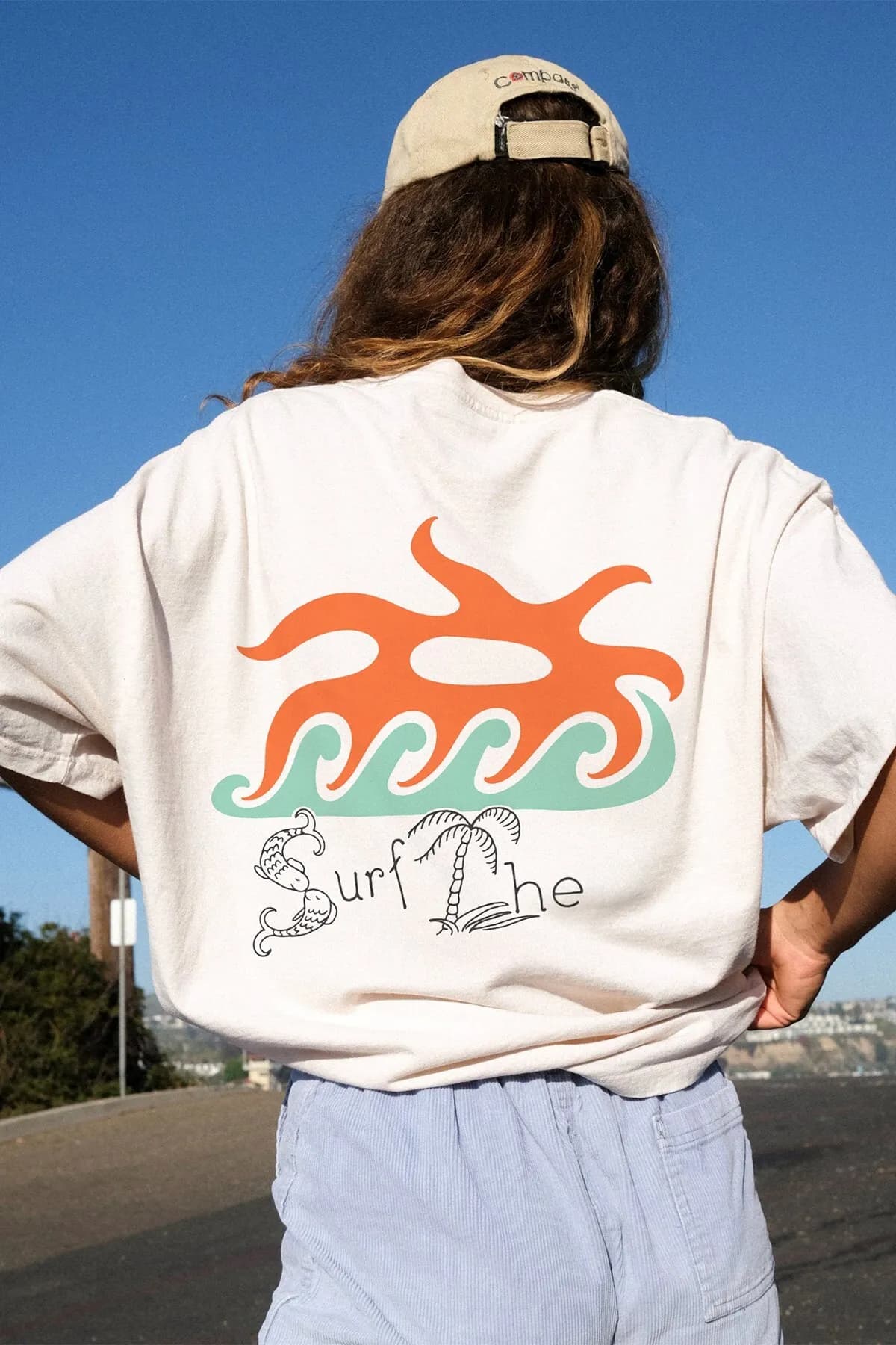 Damen Oversize Surf Print T-Shirt — White