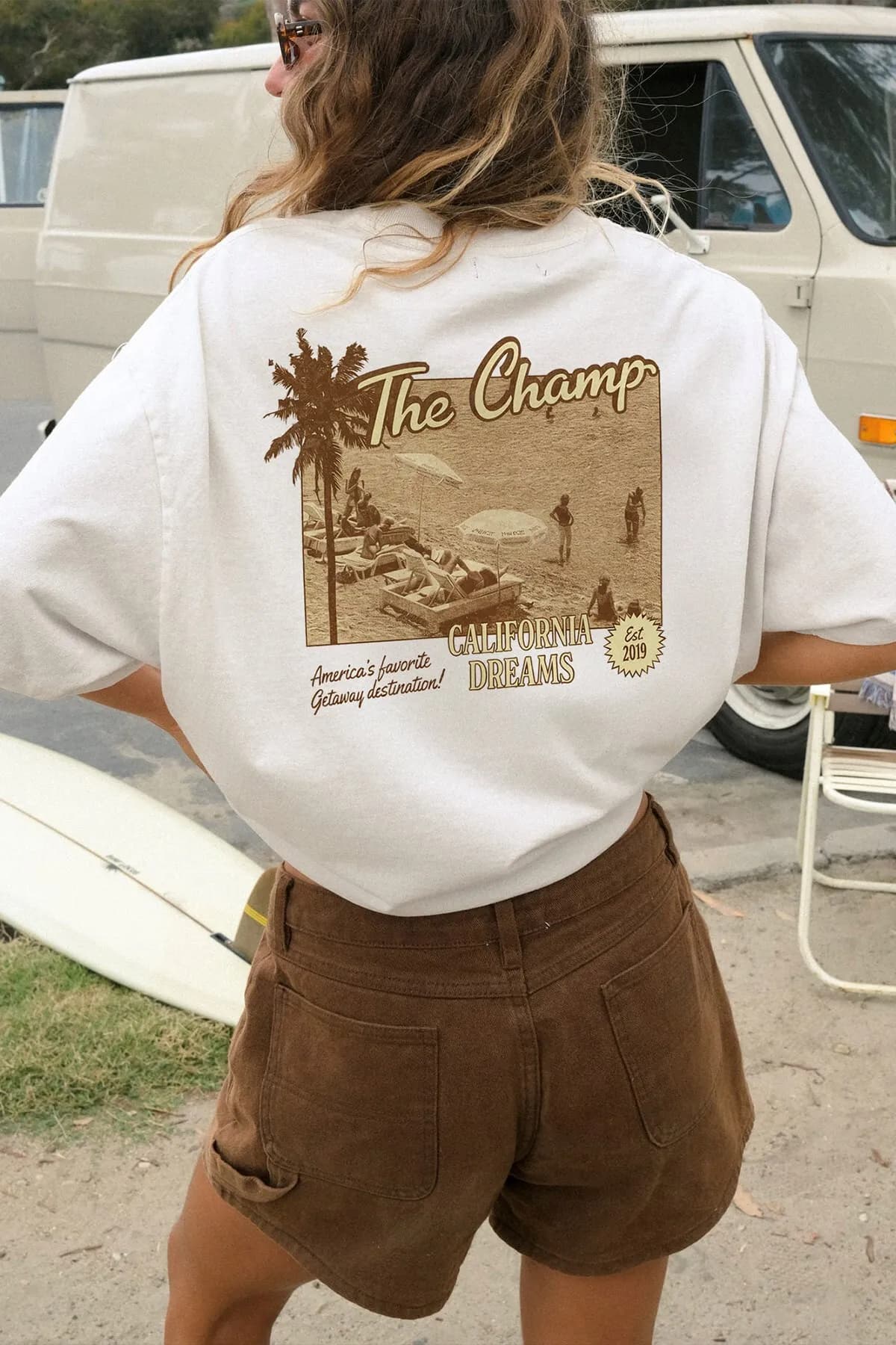 Damen Oversize California Print T-Shirt — White