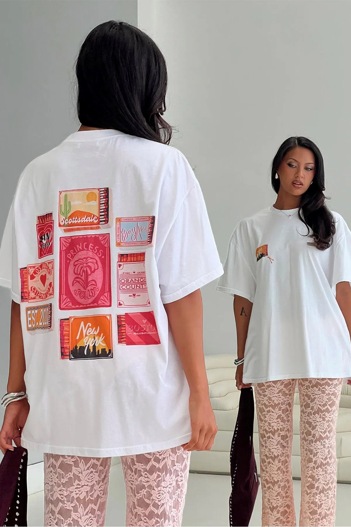 Kadın Oversize Princess Baskılı Tişört — White