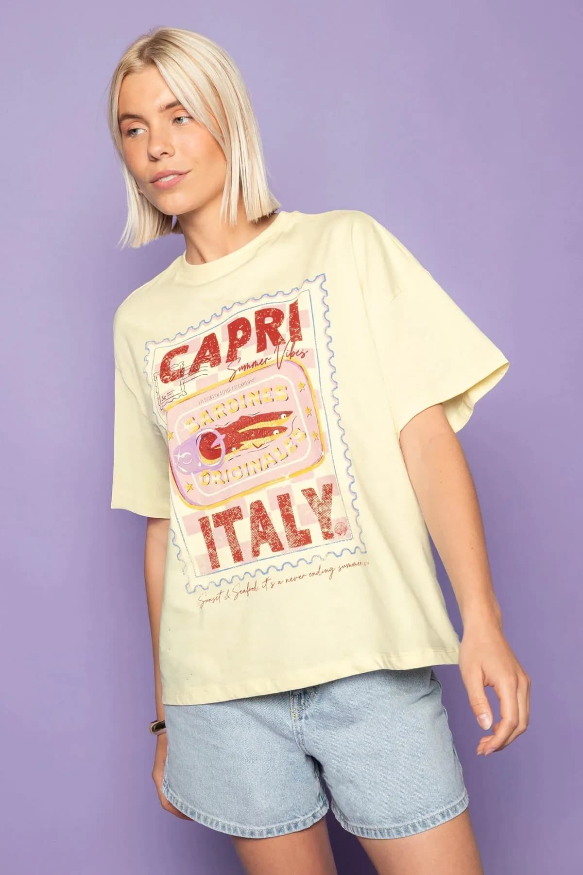 Damen Oversize Capri Print T-Shirt — Yellow