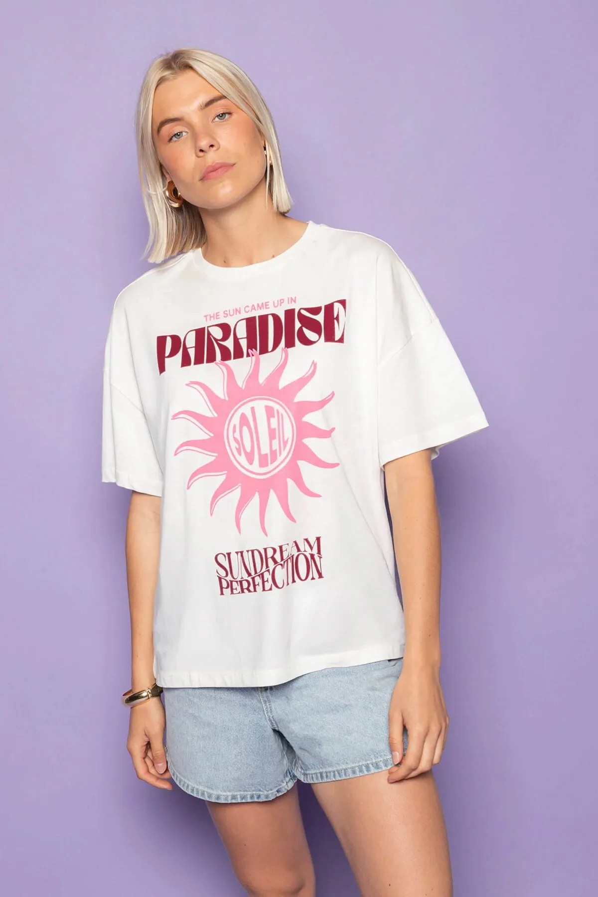 Damen Oversize Paradise Print T-Shirt — White