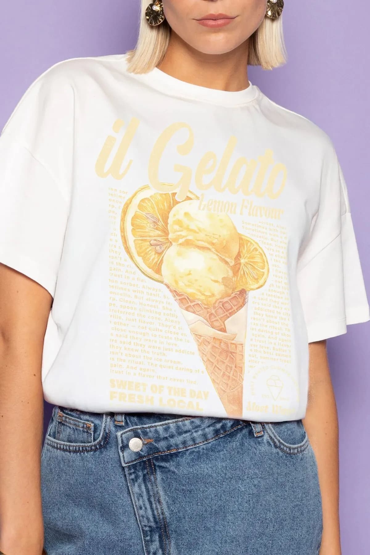 Damen Oversize Gelato Print T-Shirt — White