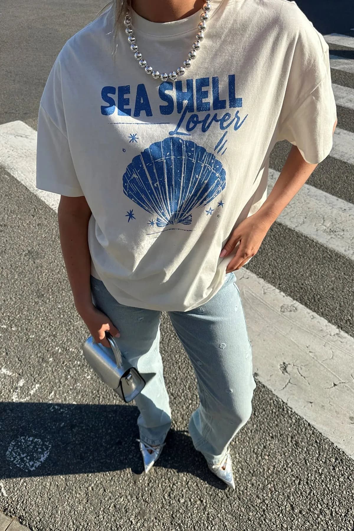 Women Oversize Sea Shell Print T-Shirt — White
