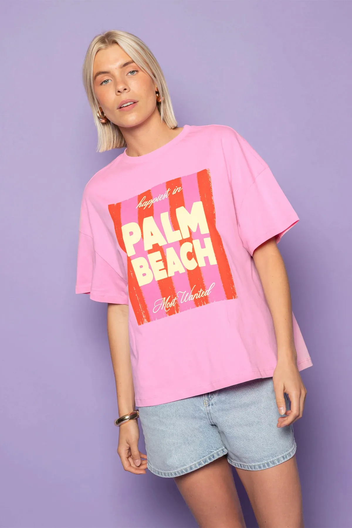 Damen Oversize Blush Coast Print T-Shirt — Pink