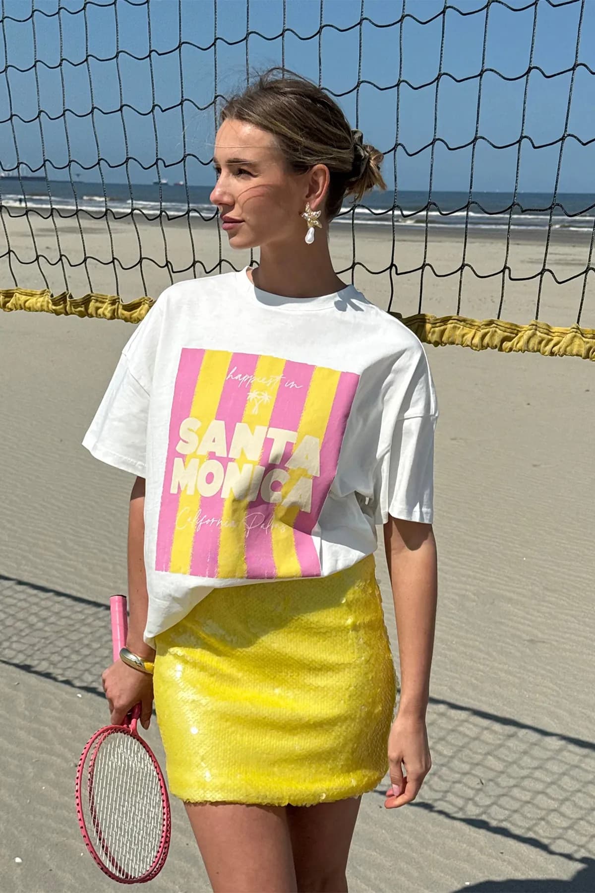 Damen Oversize Santa Print T-Shirt — White