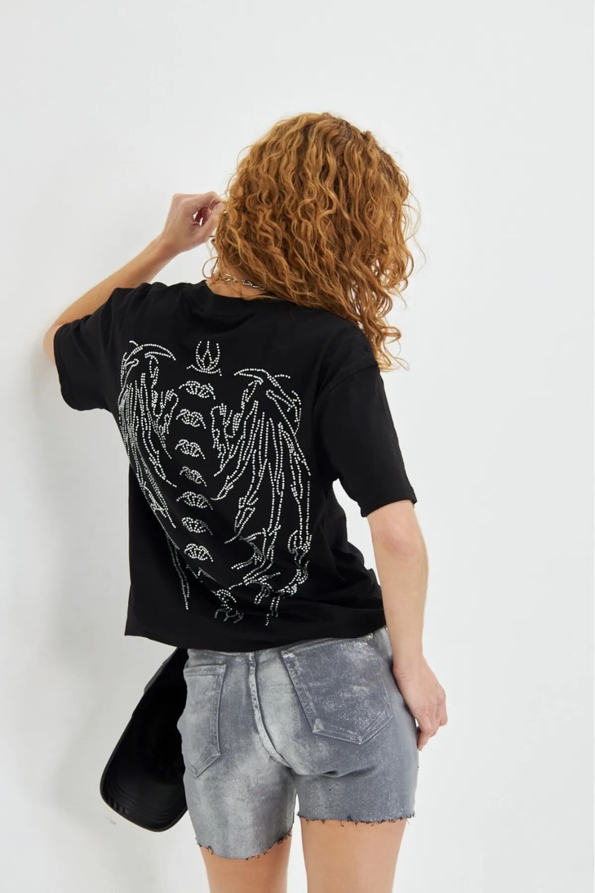 Damen Oversize Gemustert T-Shirt 0352 — Black
