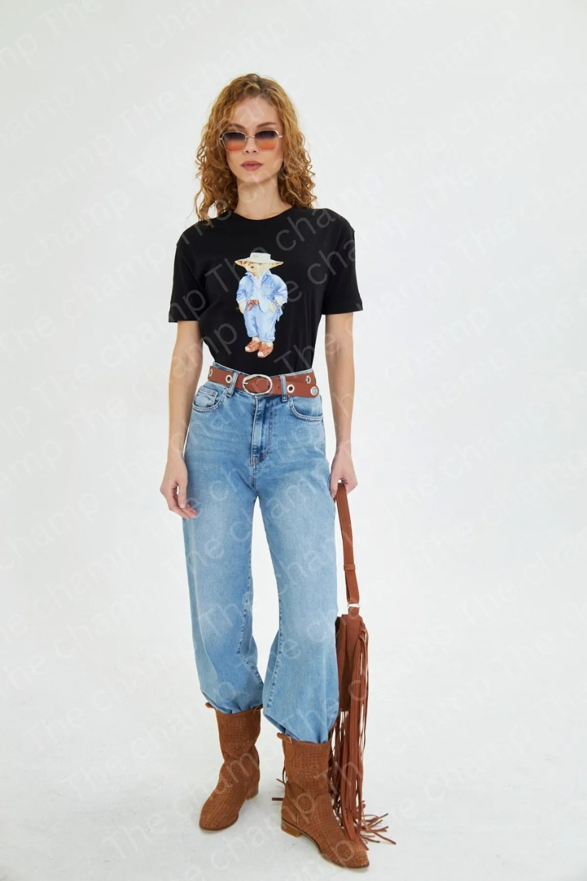 Damen Oversize Gemustert T-Shirt 0353 — Black