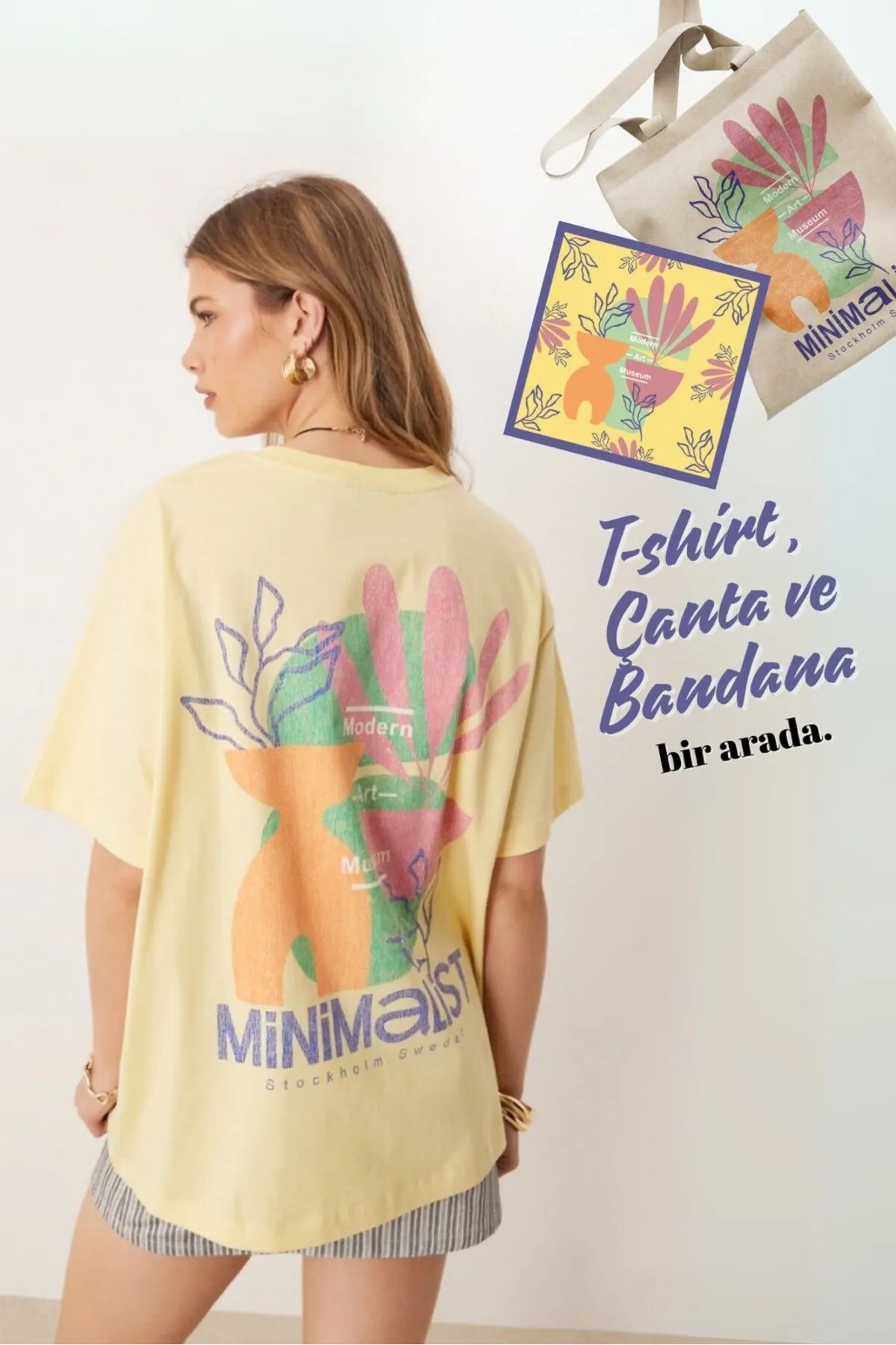 Kadın Oversize Yazı Baskılı Tişört 0378 — Light Yellow