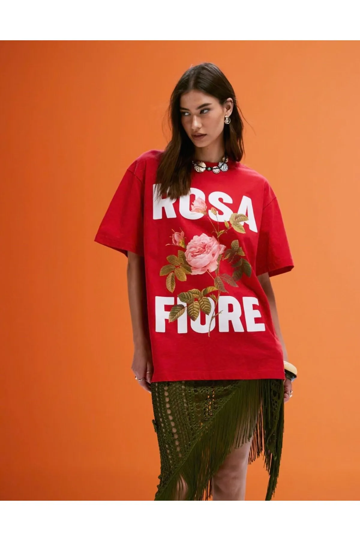 Women Oversize Rosa Text Print T-Shirt — Red