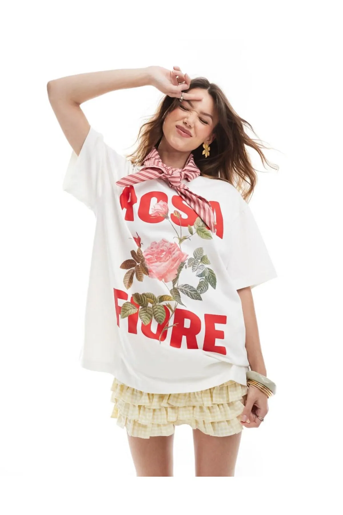 تي شيرت نسائي أوفرسايز طباعة كتابية 0381 — White
