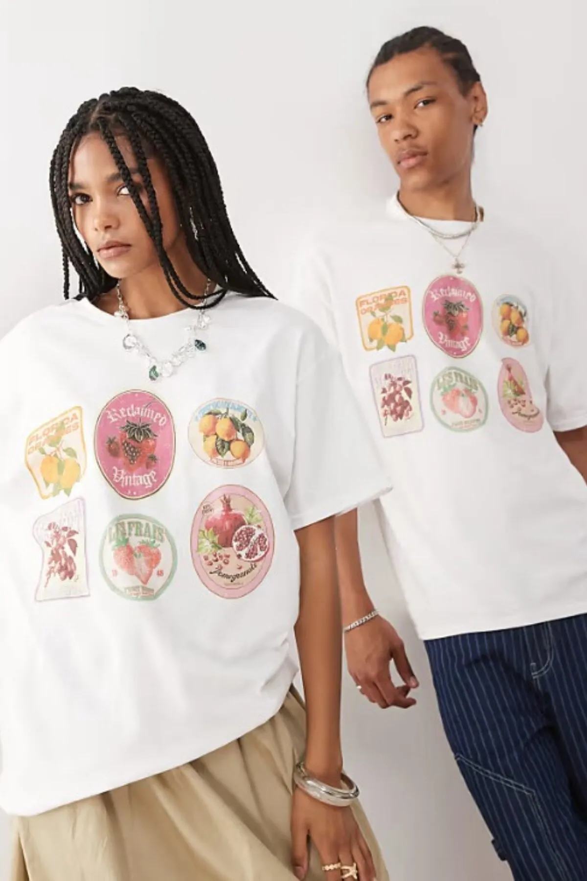 Unisex Oversize Meyve Reclaimed Tişört — White