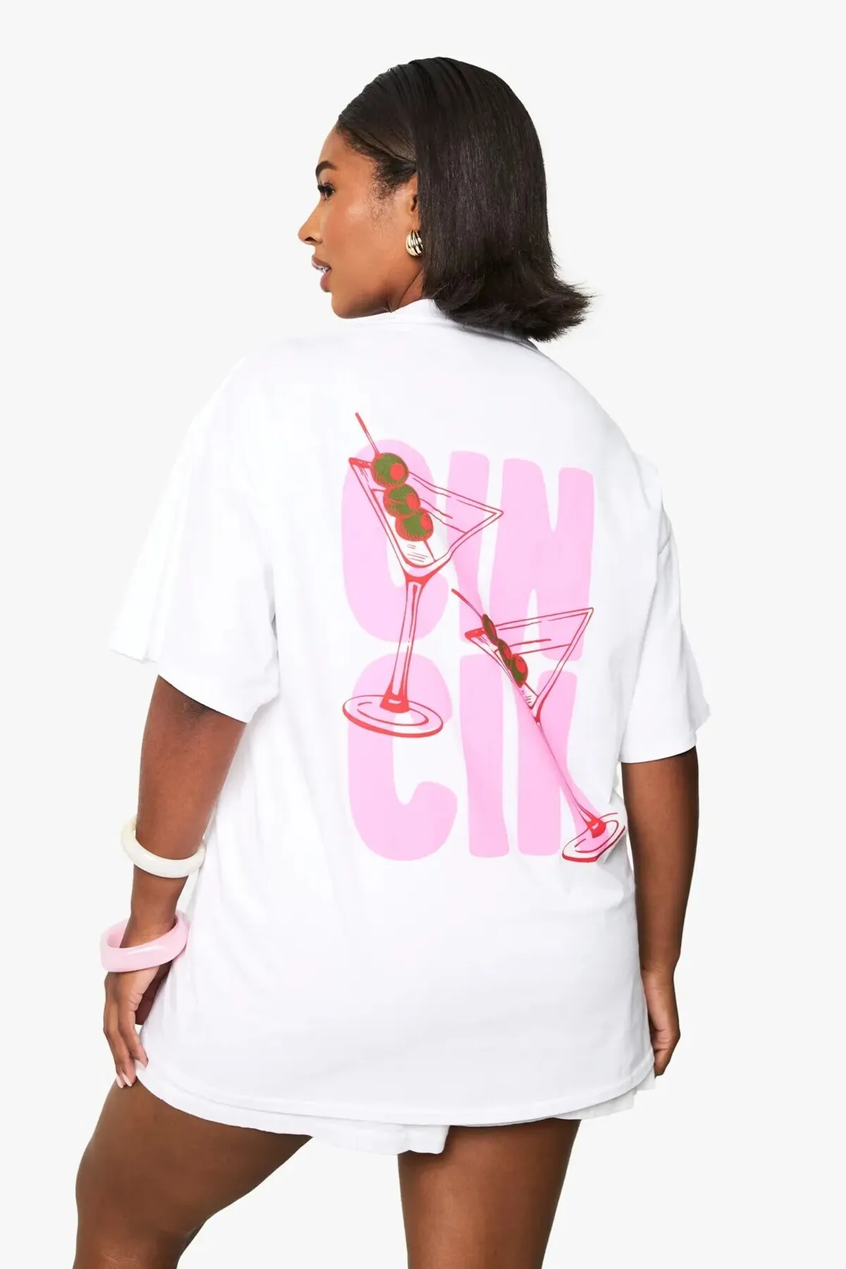 Damen Oversize Cocktail Print T-Shirt — White