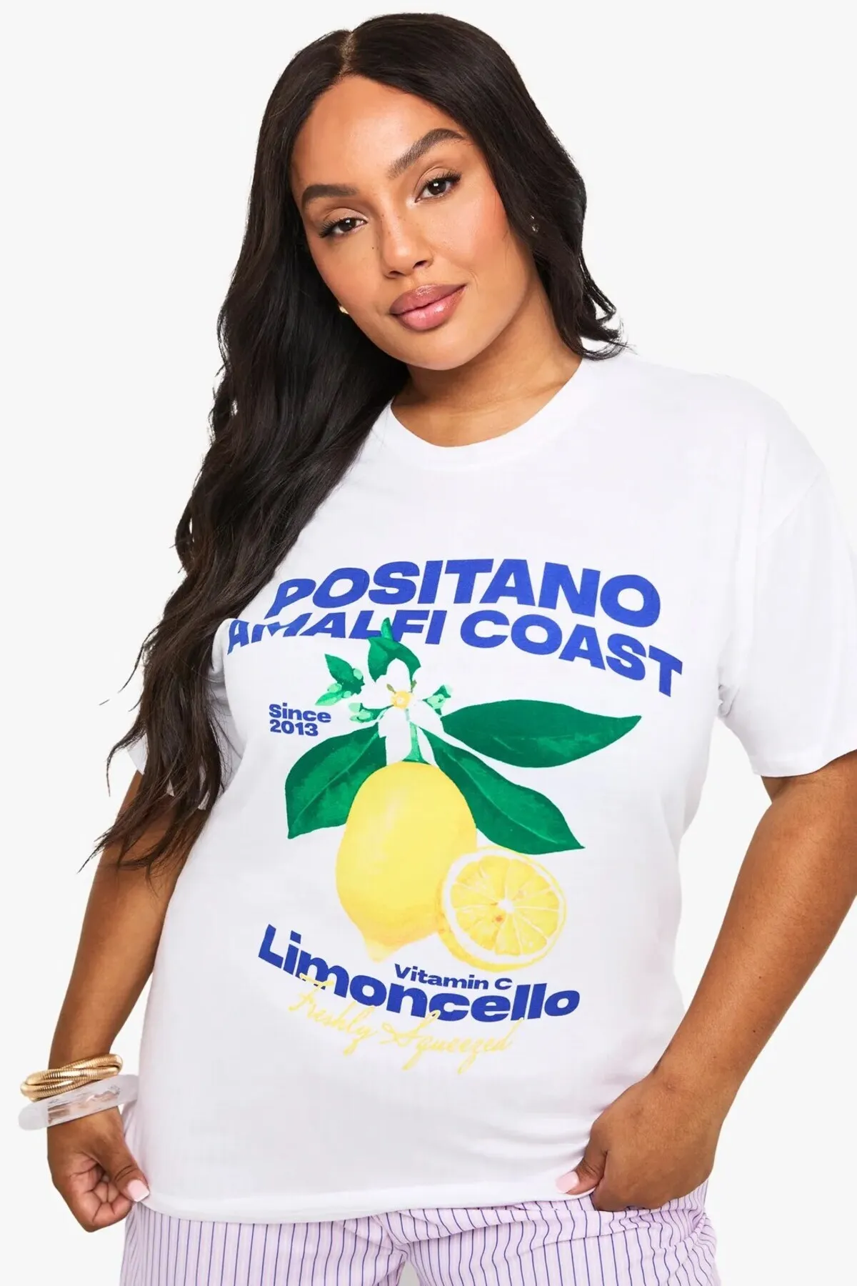 Damen Oversize Zitrone Print T-Shirt 0402 — White