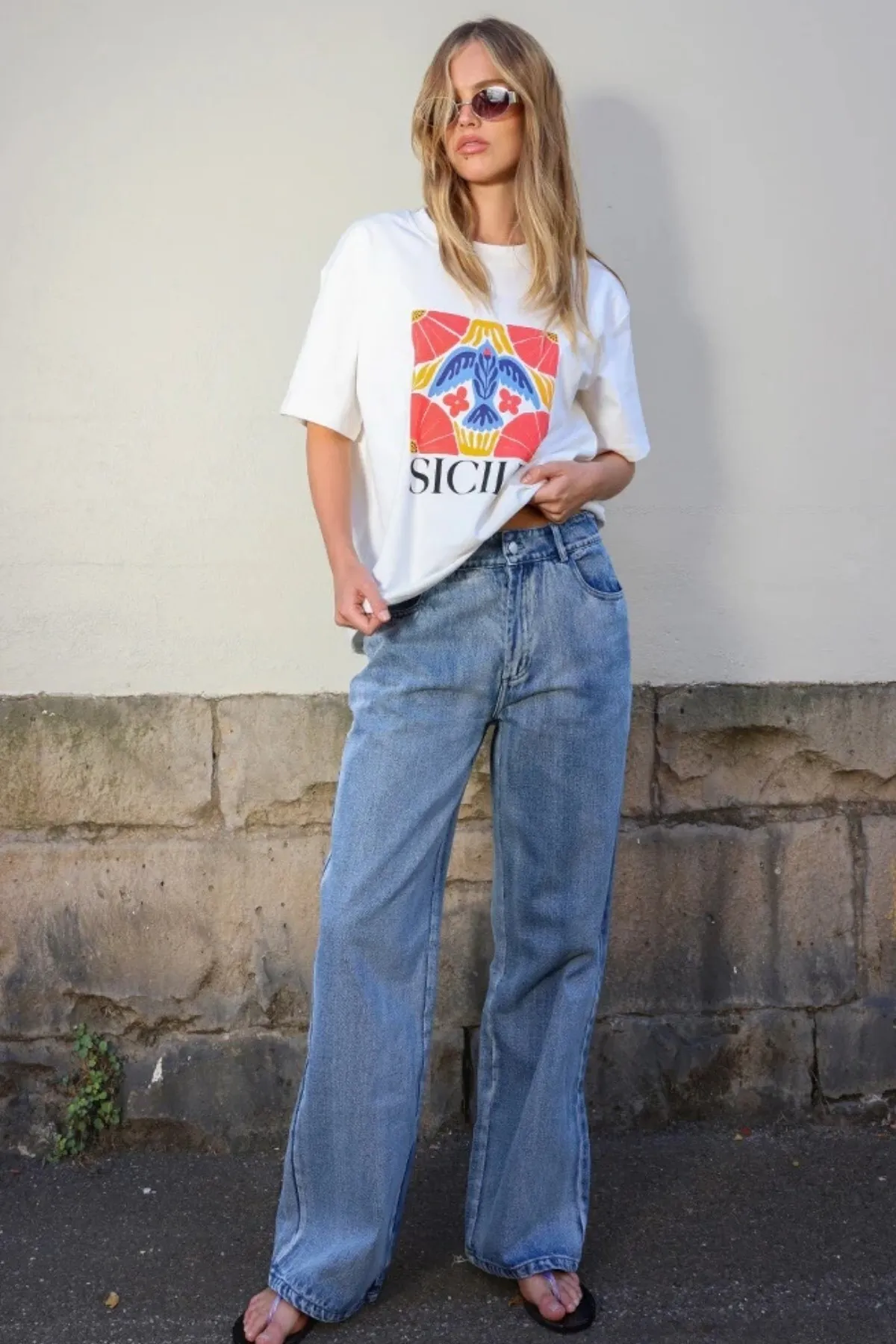 Women Oversize Sicily Print T-Shirt — White