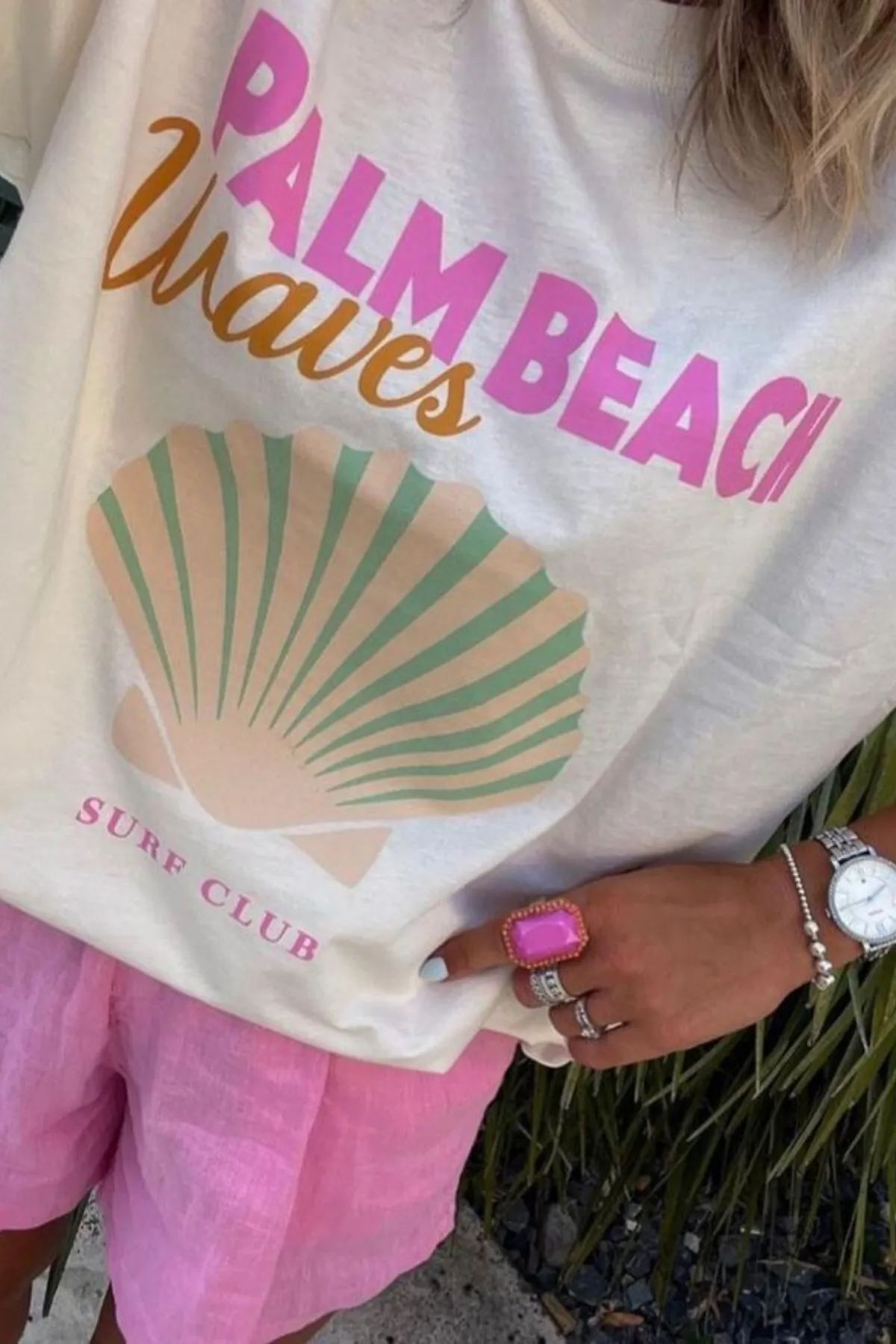 Damen Oversize Palm Beach Print T-Shirt — White