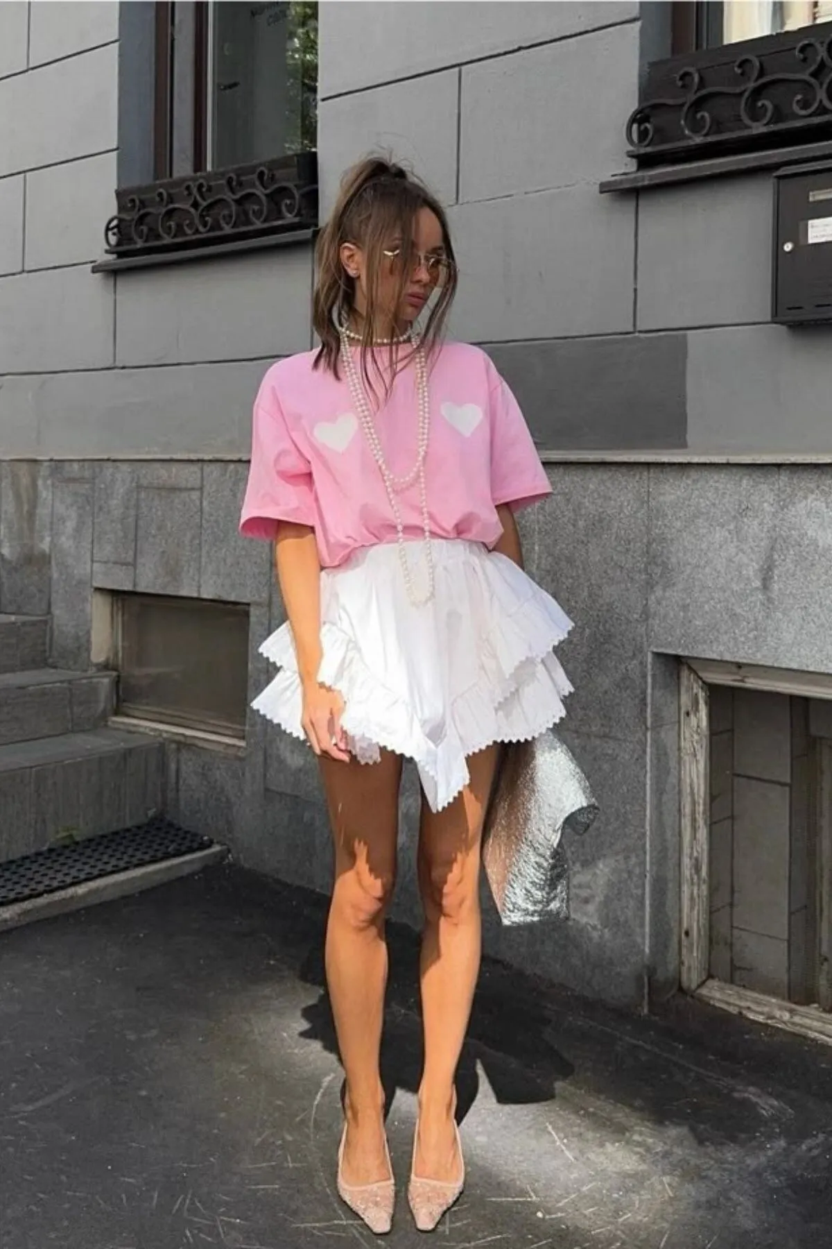 Damen Oversize Herz Print T-Shirt — Pink