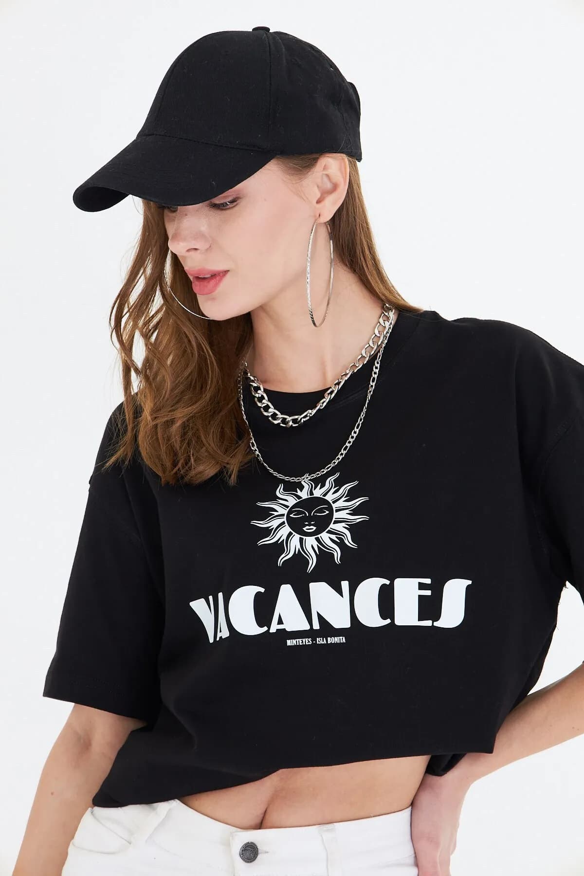 Women Oversize Vacanses Print T-Shirt — Black