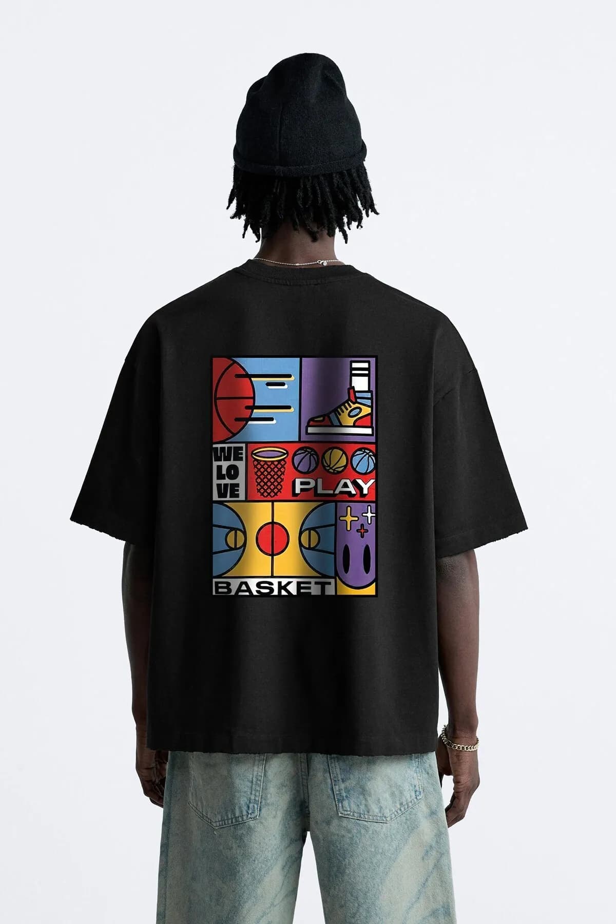 Herren Oversize Schriftzug-Print T-Shirt — Black