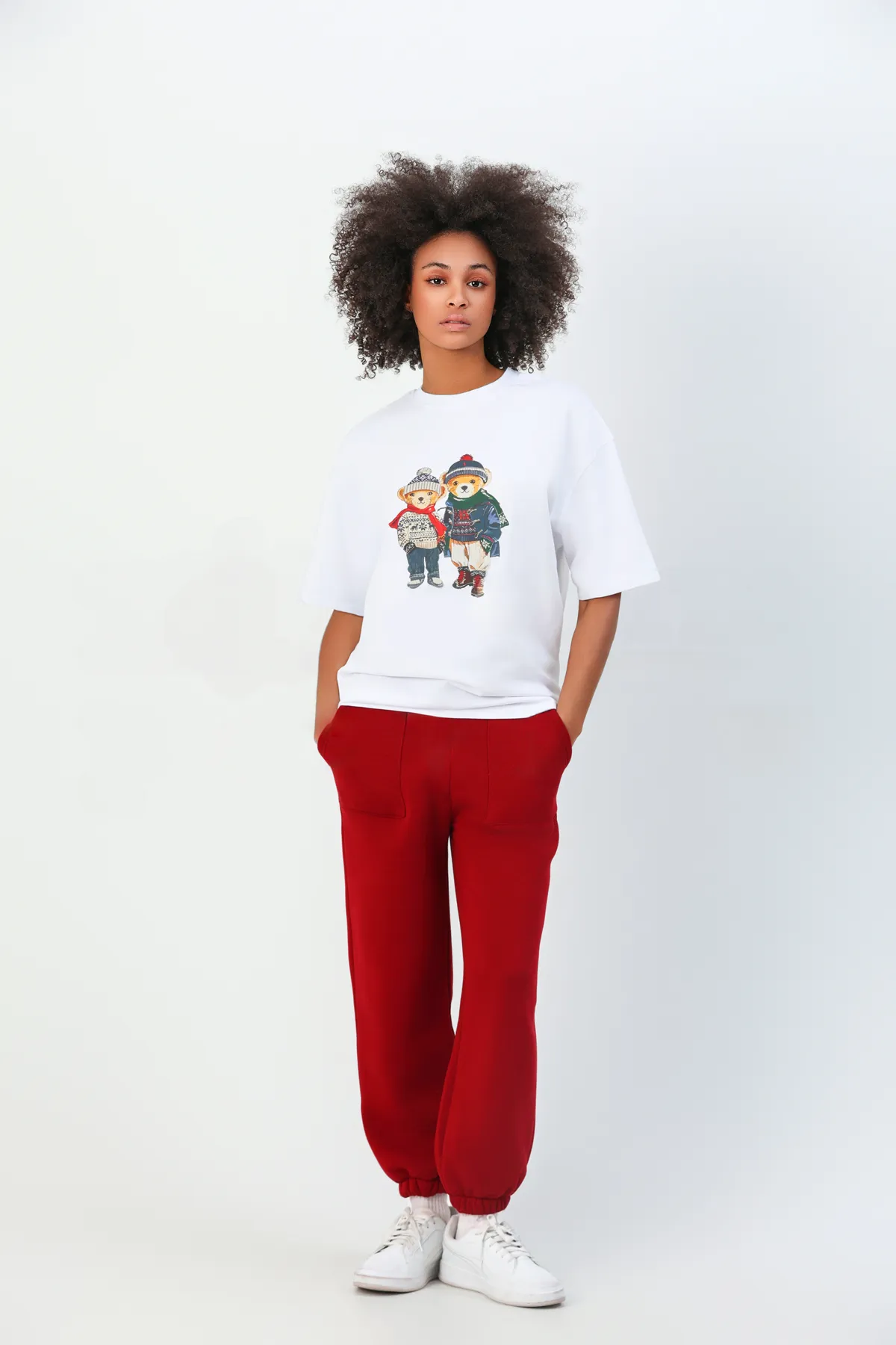 Unisex Pärchen Teddy Print T-Shirt — White