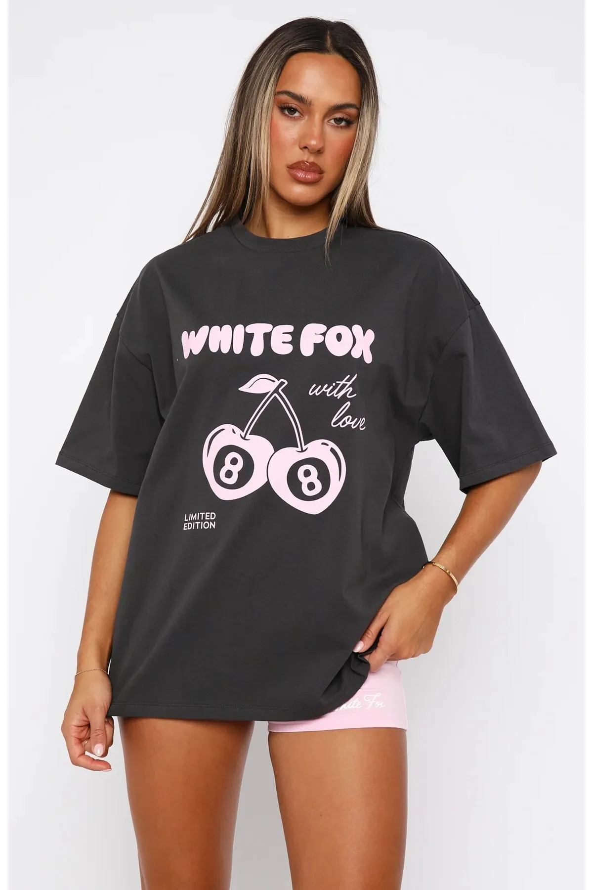 Women Oversize White Fox Print T-Shirt — Smoke Gray
