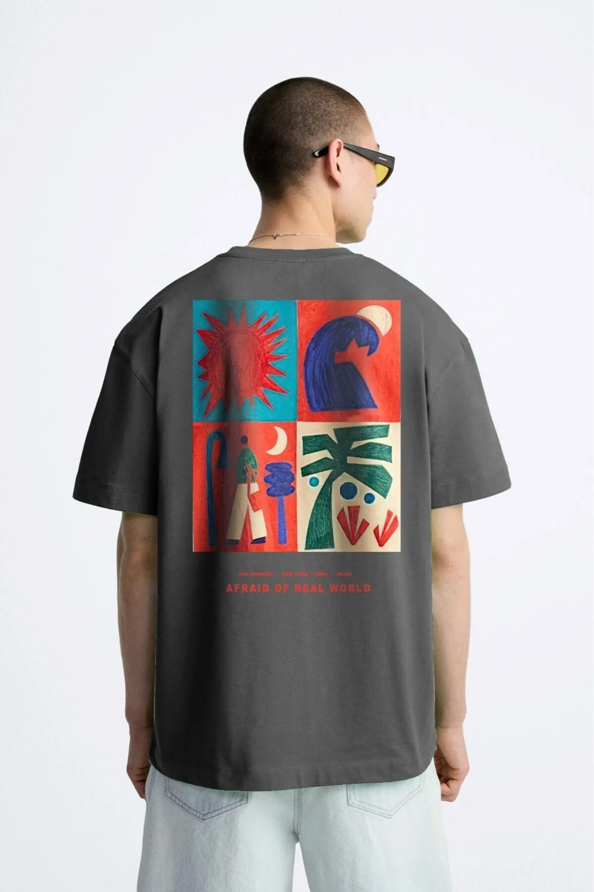 Men Oversize Afraid Print T-Shirt — Smoke Gray