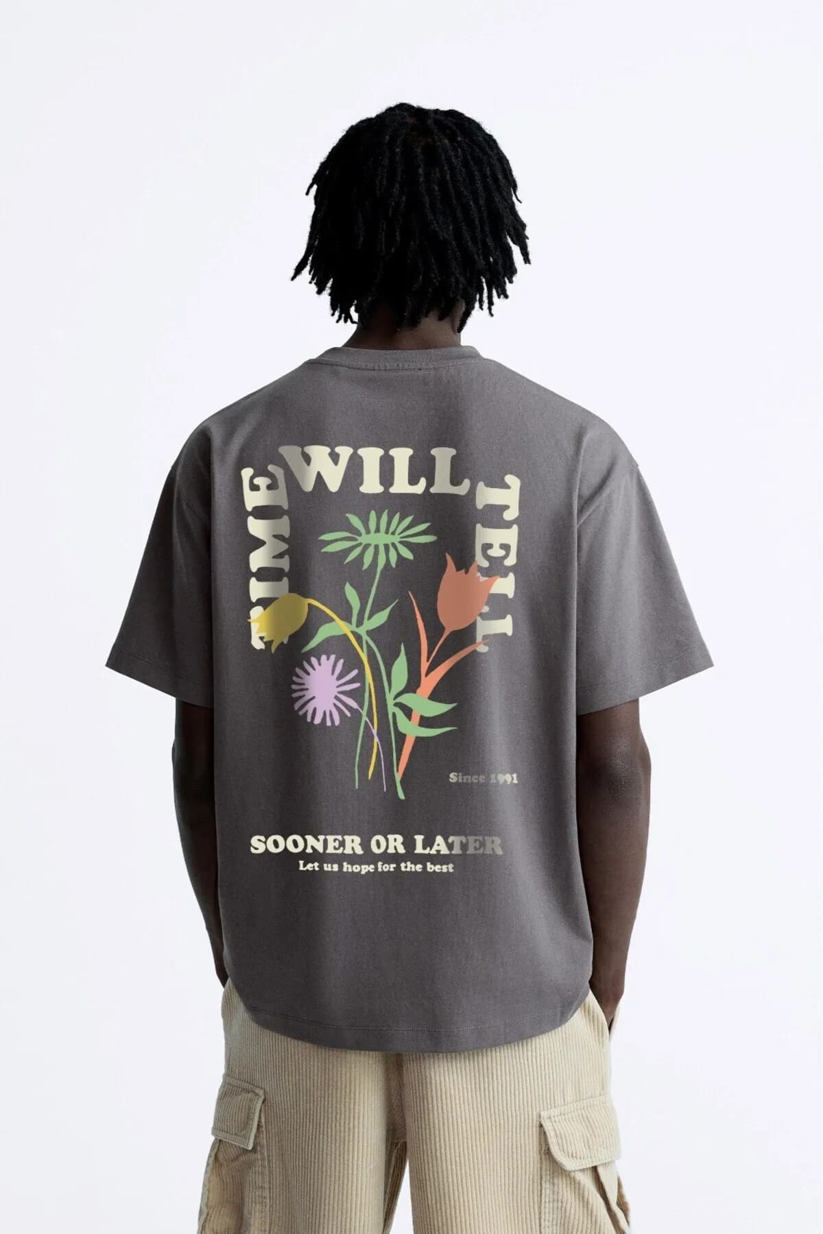 Erkek Oversize Yazı Baskılı Tişört — Smoke Gray