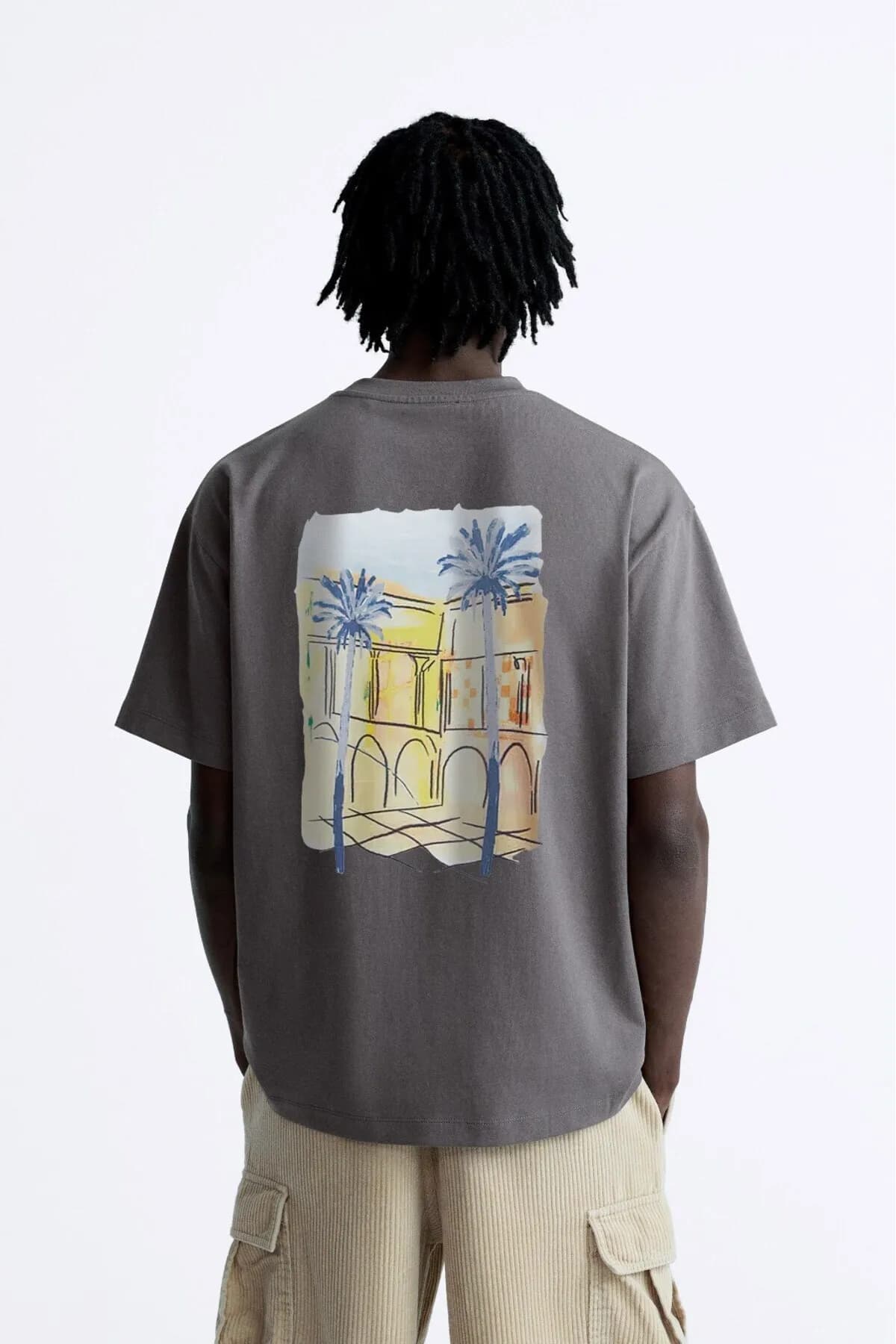 Herren Oversize Palme Print T-Shirt — Smoke Gray
