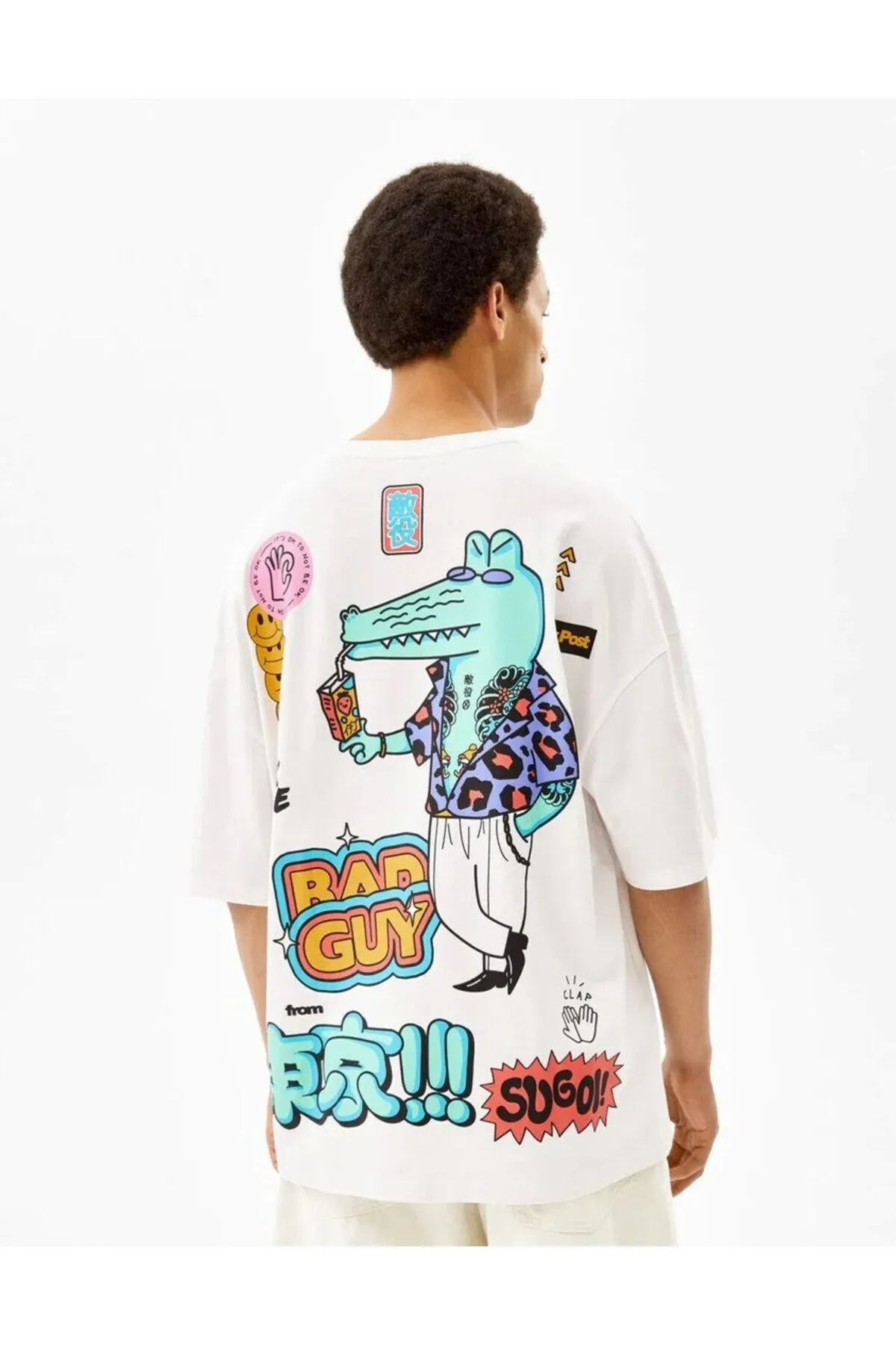 Erkek Oversize Bad Yazı Baskılı Tişört — White